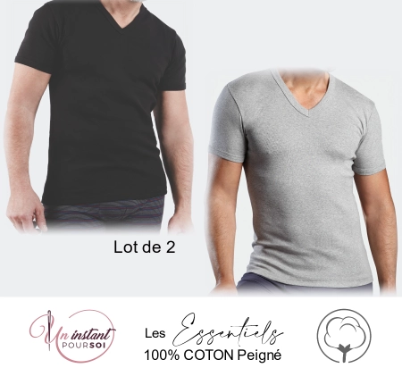 T-Shirt V "Les Essentiels" 1 noir + 1 gris chiné