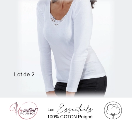 Chemise broderie manches longues "Les Essentiels" Blanc • Lot de 2