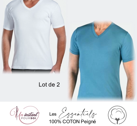 T-Shirt V "Les Essentiels" 1 blanc + 1 océan