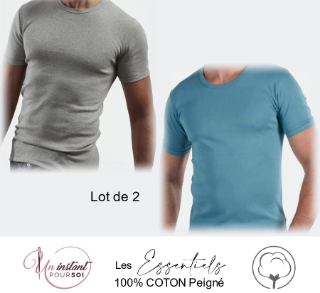 T-Shirt col rond "Les Essentiels" 1 gris chiné + 1 océan